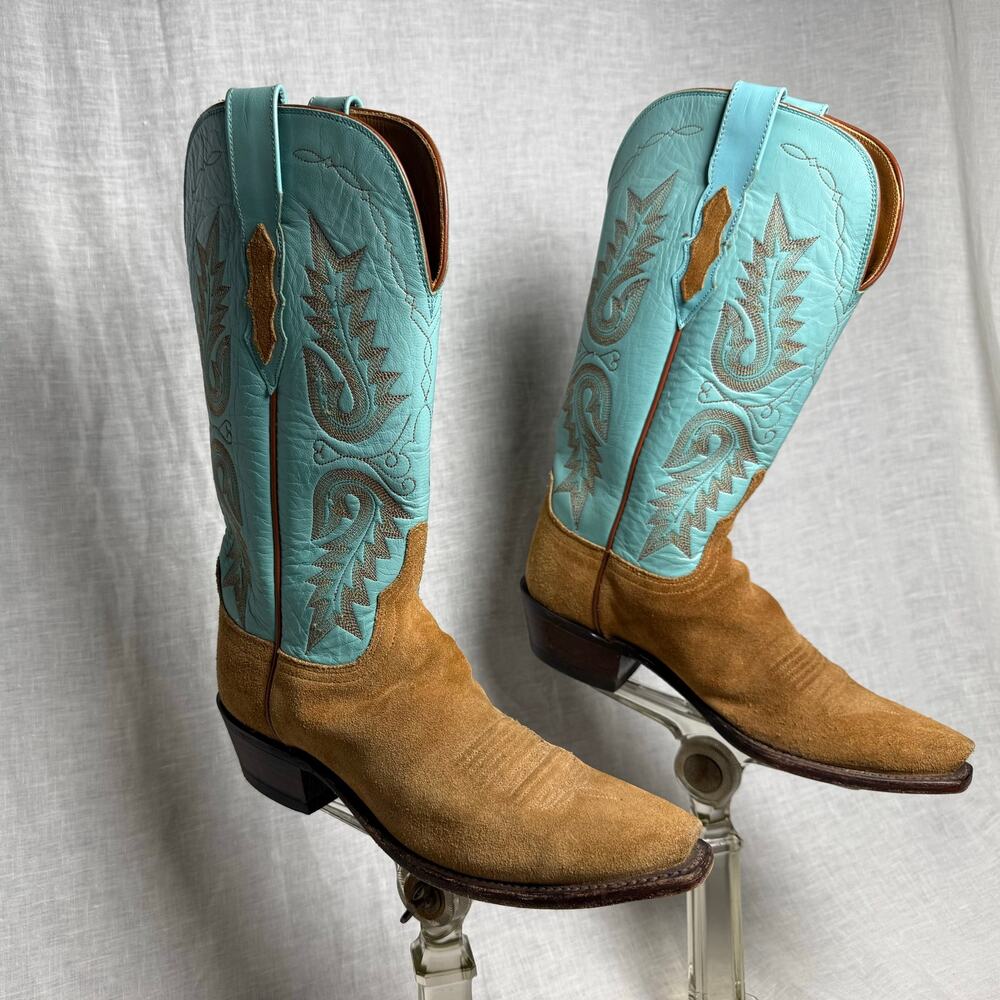 Women’s Lucchese 1883 Turquoise Blue & Tan Suede Western Cowgirl Boots 
7.5